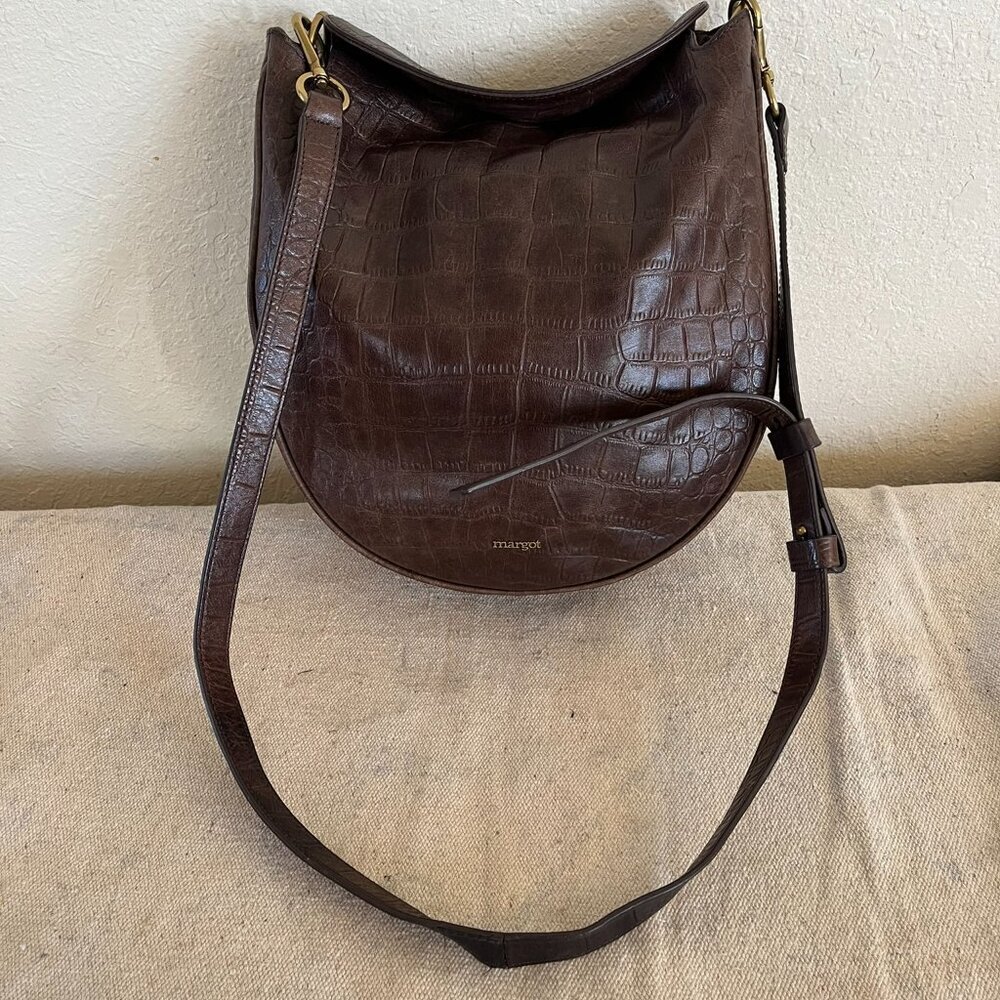 Margot Dark Brown Crocodile-Embossed Large Leather Crossbody/Hobo Bag - Picture 10 of 13